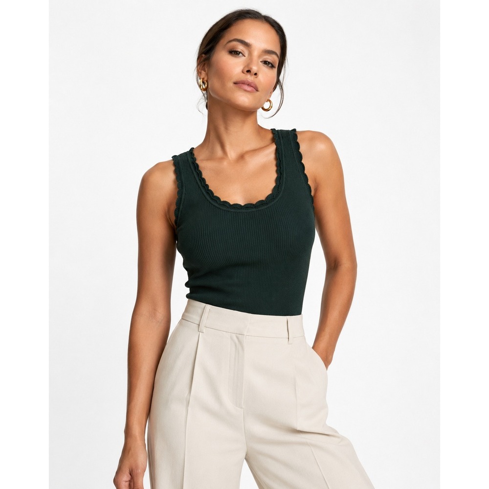 Les Serein Scalloped Detail Sleeveless Knit Tank Dark Green Small NWT